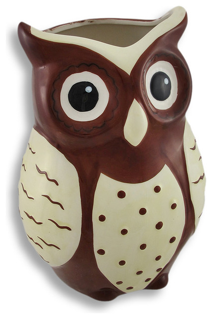 Brown and White Ceramic Owl Vase