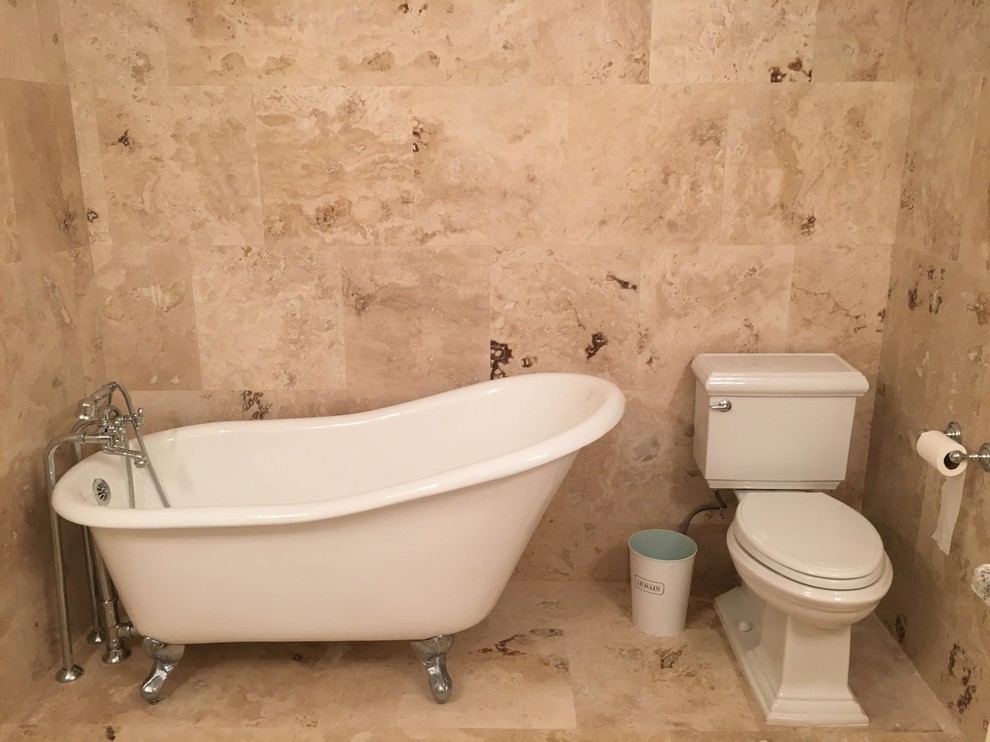 Inspiration for a large transitional master bathroom in Dallas with shaker cabinets, white cabinets, a claw-foot tub, beige tile, beige walls, an undermount sink and beige floor.
