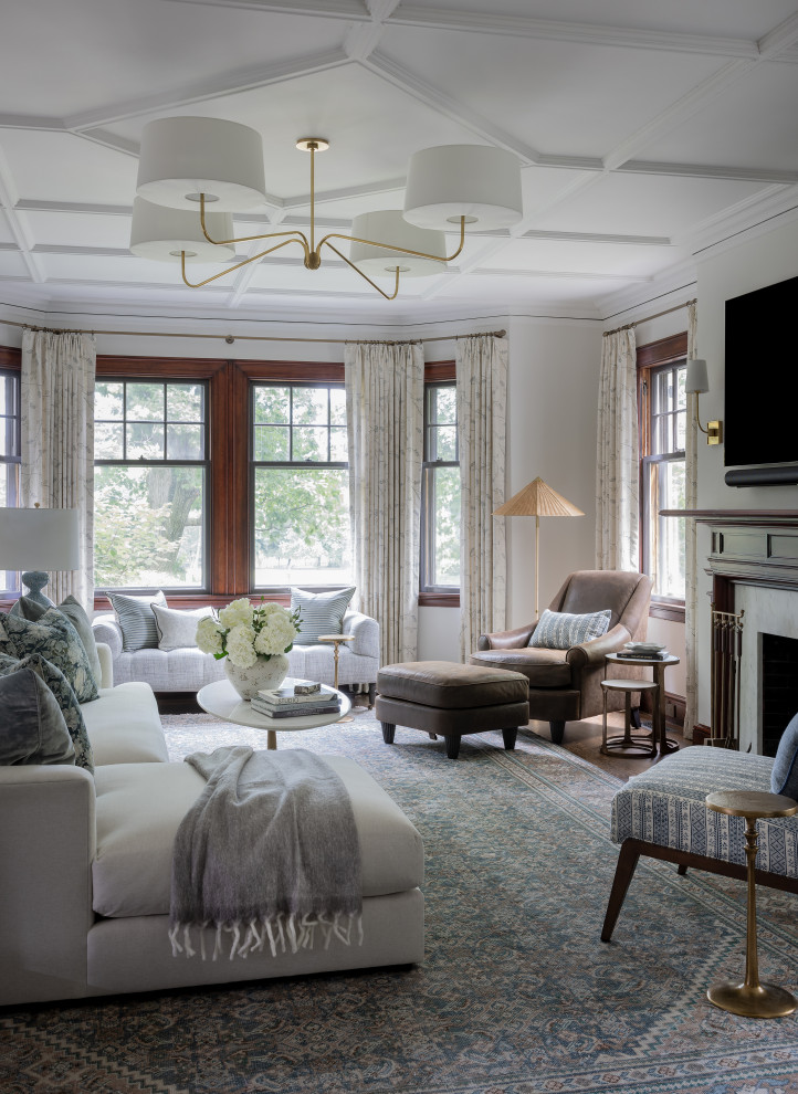 Living room - large traditional coffered ceiling living room idea in Boston with white walls, a standard fireplace and a wall-mounted tv