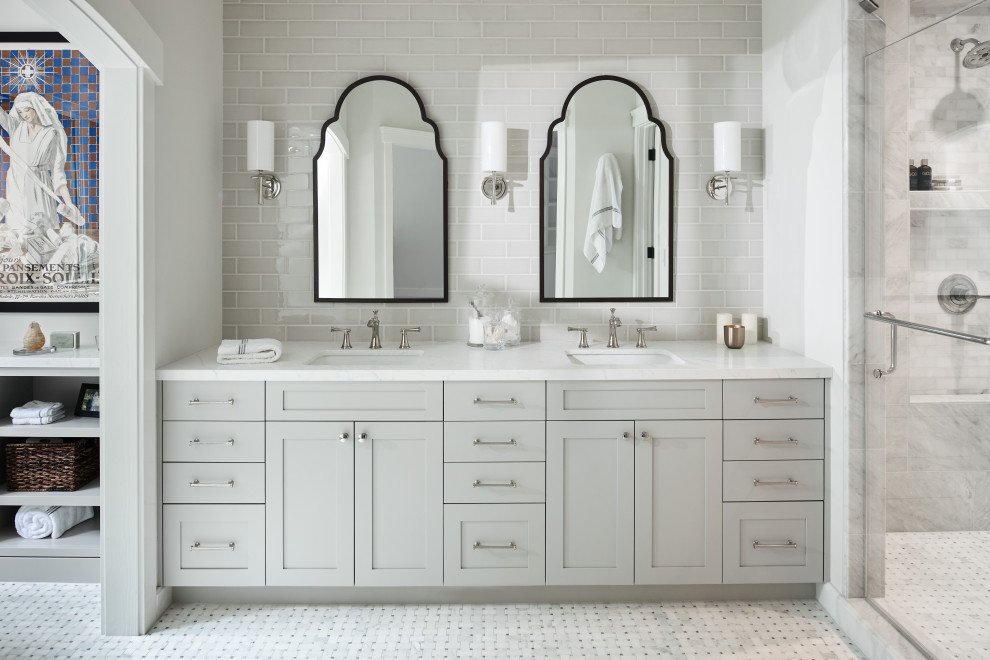 Inspiration for a mid-sized contemporary master wet room bathroom in San Francisco with shaker cabinets, beige cabinets, an undermount sink, engineered quartz benchtops, white benchtops, a double vanity and a built-in vanity.