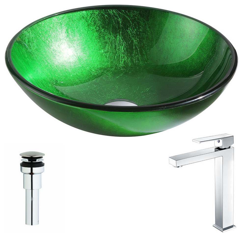 Melody Series DecoGlass Vessel Sink, Lustrous Green Contemporary