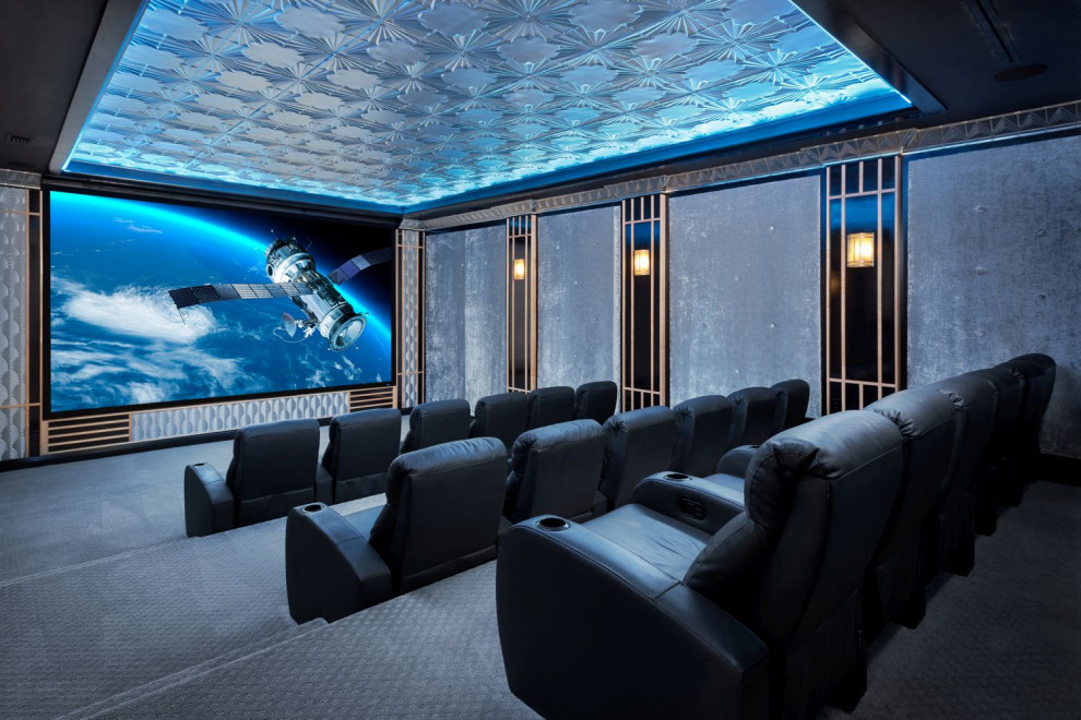 Cette image montre une grande salle de cinéma design fermée avec un mur gris, moquette, un écran de projection et un sol gris.