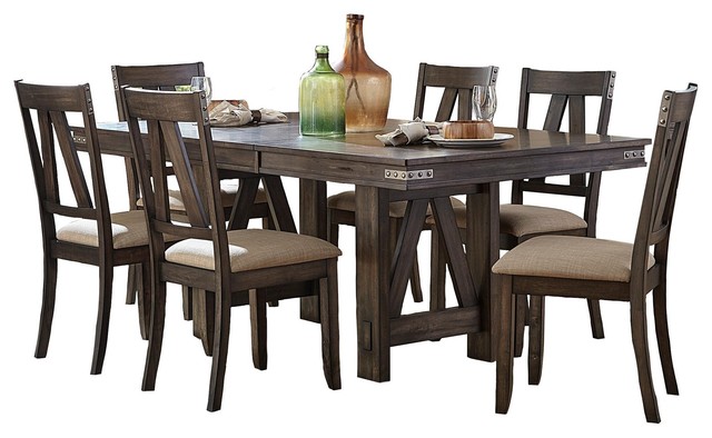 7 Piece Mirkwood Industrial Dining Set, Kitchen Round Table With 6 Chairs