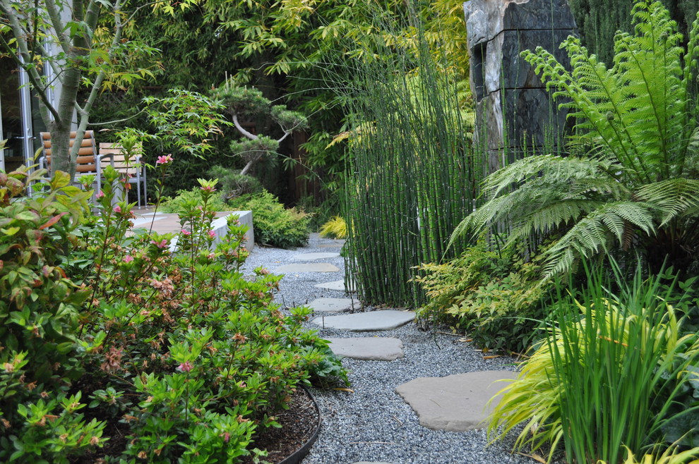 Asian backyard shaded garden in San Francisco with natural stone pavers.