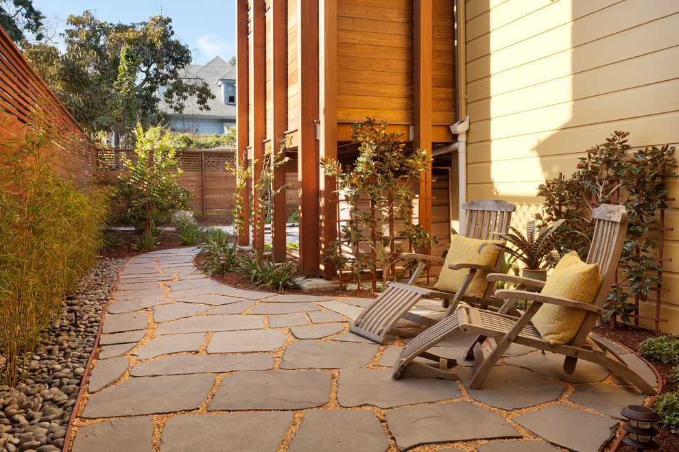 Photo of a small traditional side yard patio in San Francisco with natural stone pavers and no cover.