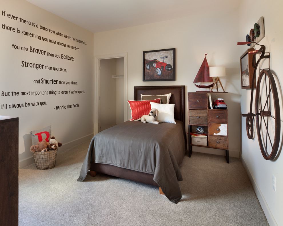 This is an example of a traditional kids' bedroom for boys in DC Metro with white walls and carpet.