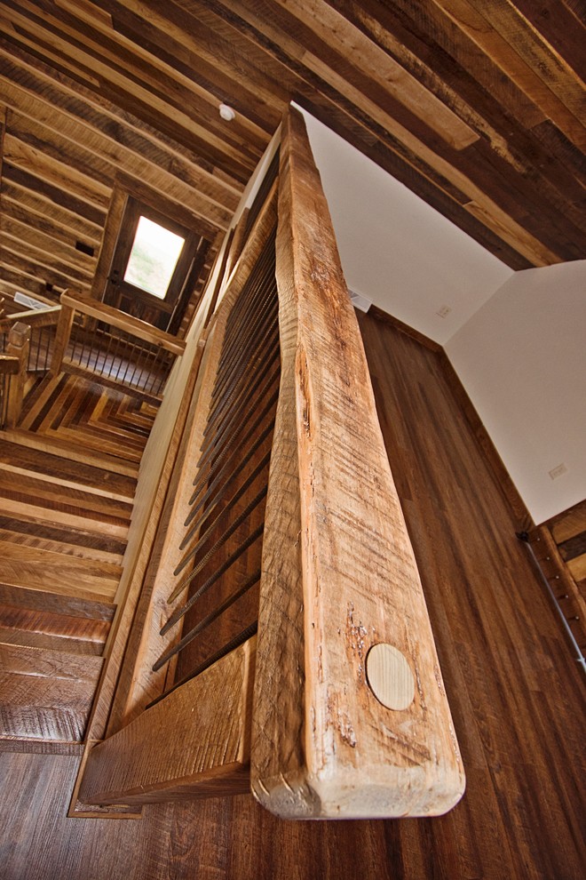 Staircase - large rustic wooden l-shaped wood railing staircase idea with metal risers