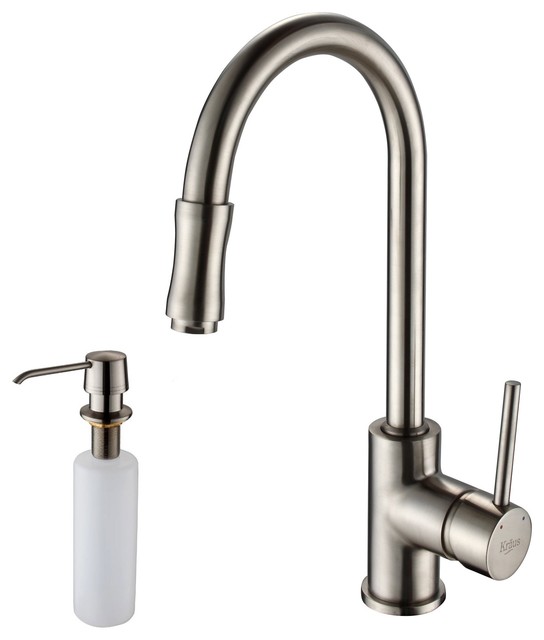 Single Lever Pull-Down Kitchen Faucet and Soap Dispenser, Satin Nickel