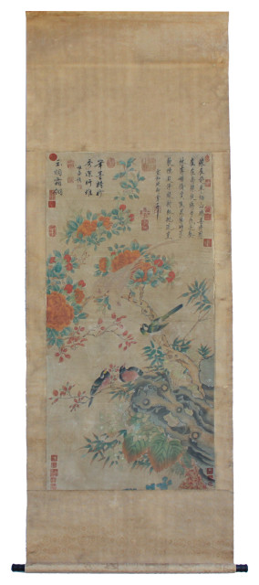 Chinese Flower Birds Color Ink Scroll Painting Museum Quality Wall Art Hcs5647