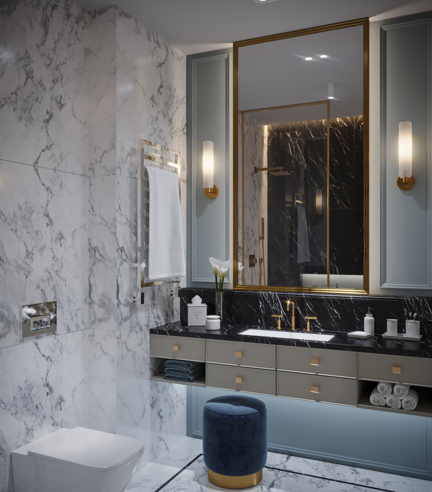 Bild på ett mellanstort funkis svart svart badrum med dusch, med luckor med glaspanel, ett platsbyggt badkar, en dusch/badkar-kombination, vit kakel, marmorkakel, vita väggar, marmorgolv, marmorbänkskiva och vitt golv