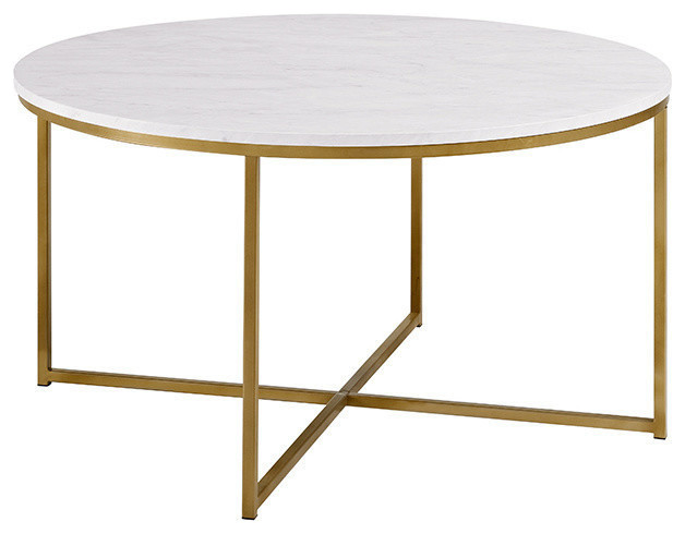 36" Round Coffee Table With Metal X Gold Base, Marble/Gold