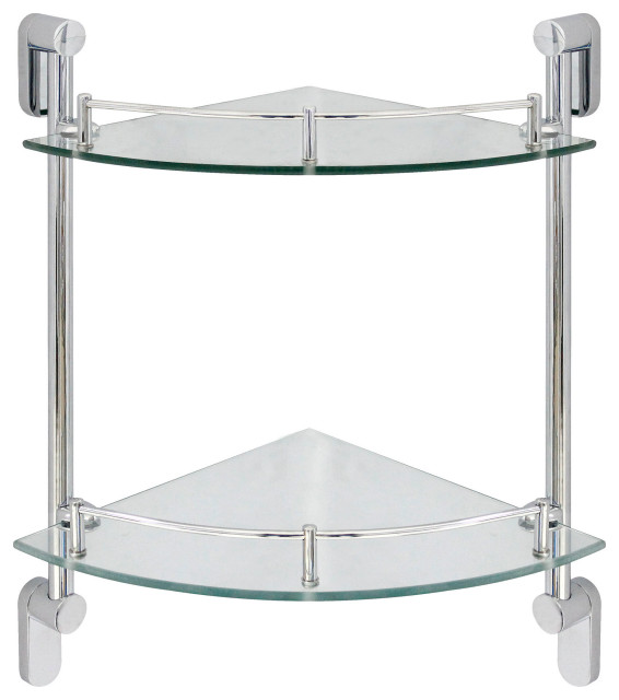 MODONA's 11.5" Double Glass Corner Shelf With Rail, Polished Chrome