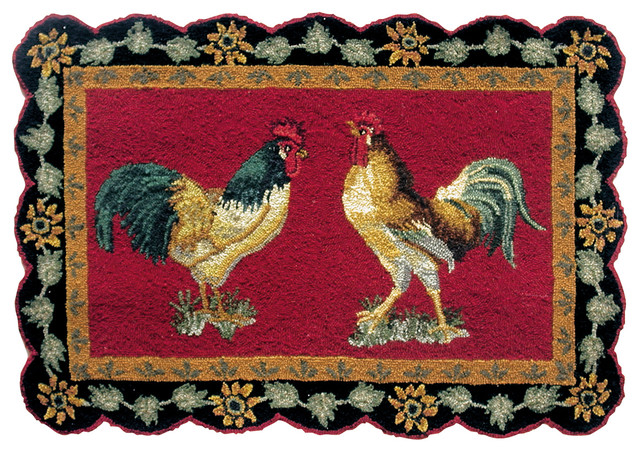 French Country Rooster Hooked Rug, Round Rooster Rugs Kitchen