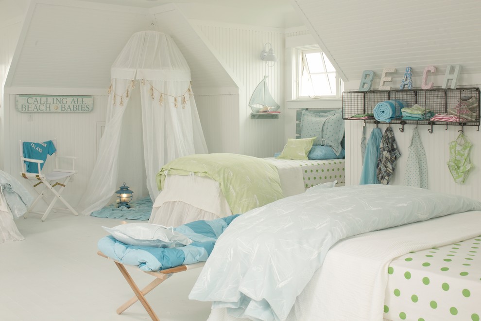 Tracey Rapisardi Design - Kids' bedroom - bedroom and mid-sized coastal girl white floor and porcelain tile kids' bedroom idea in Tampa with beige walls