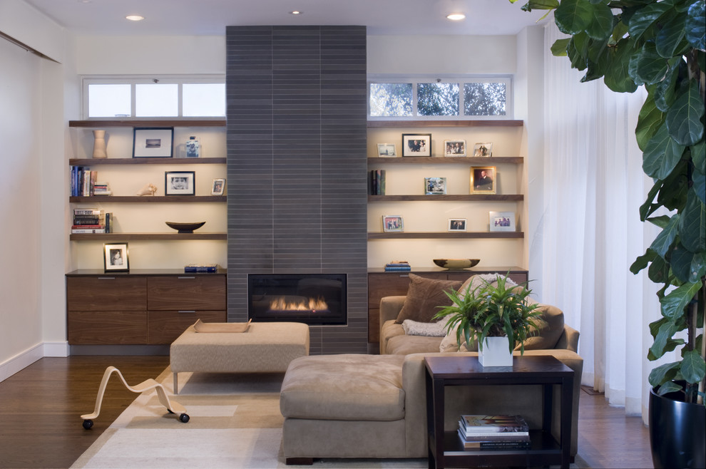 Contemporary living room in San Francisco with a tile fireplace surround.