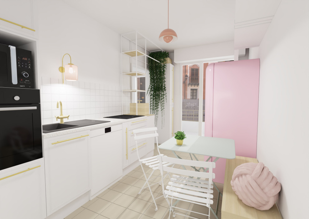 This is an example of a small midcentury single-wall separate kitchen in Lyon with a single-bowl sink, beaded inset cabinets, white cabinets, terrazzo benchtops, white splashback, ceramic splashback, white appliances, ceramic floors, no island, beige floor and multi-coloured benchtop.