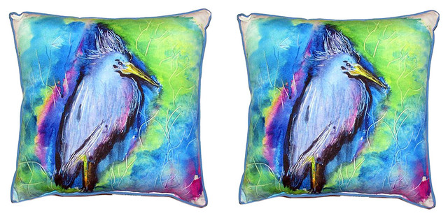 Pair of Betsy Drake Little Blue Heron Outdoor Pillows 18 Inch x 18 Inch