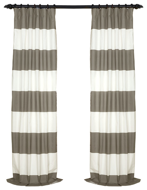 Slate Gray Off White Horizontal Stripe Cotton Curtain