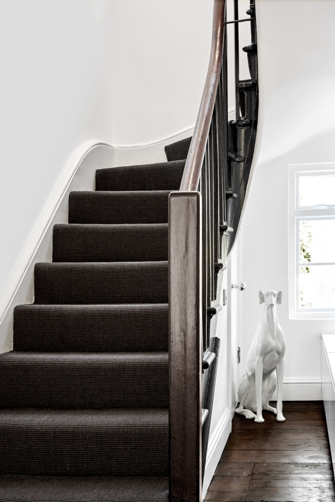 This is an example of a mid-sized contemporary carpeted curved staircase in London with carpet risers and wood railing.