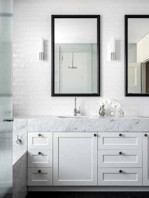 Double the Style: Black Hardware and White Marble Tops for a Built-in Double Sink Bathroom Vanity
