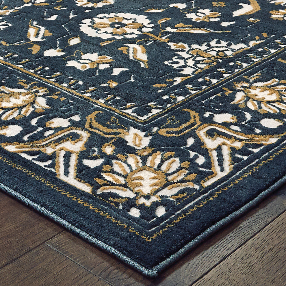 Brooks HiLow Textured Floral Traditional Navy/Gold Area Rug