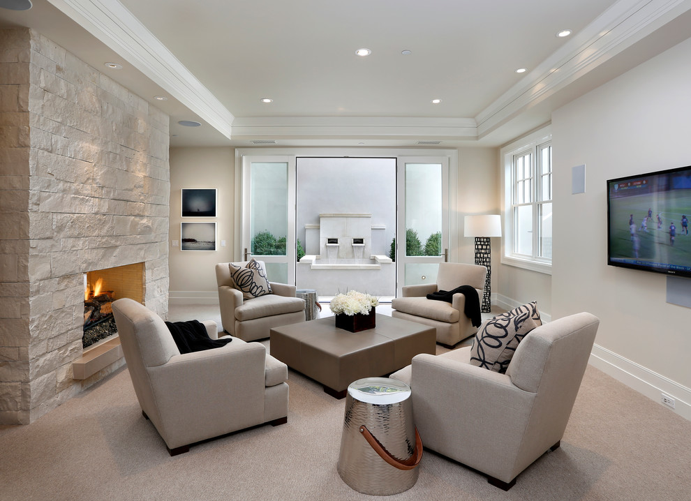 Photo of a contemporary formal living room in San Francisco with beige walls, carpet, a two-sided fireplace, a stone fireplace surround and a wall-mounted tv.