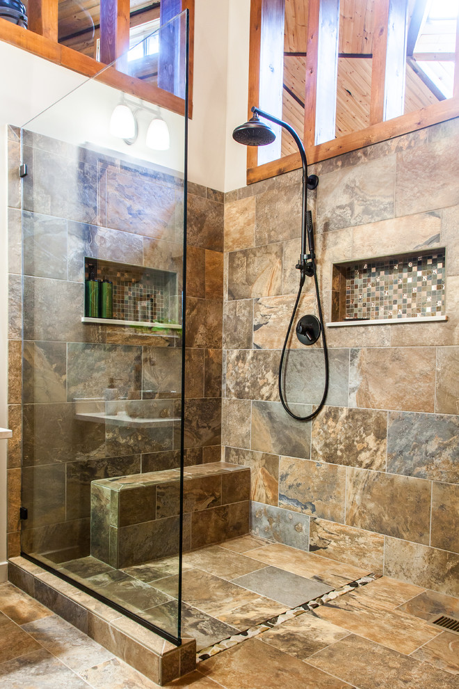 Inspiration for a mid-sized rustic master multicolored tile and porcelain tile porcelain tile and multicolored floor freestanding bathtub remodel with a vessel sink, shaker cabinets, quartz countertops, gray walls, dark wood cabinets and a one-piece toilet