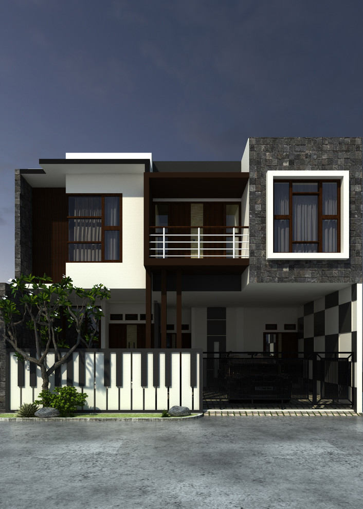 Design ideas for a modern two-storey exterior in Other with mixed siding and a flat roof.