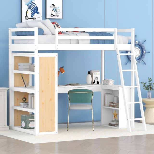 Gewnee Wood Twin Size Loft Bed with Ladder and Desk in White ...