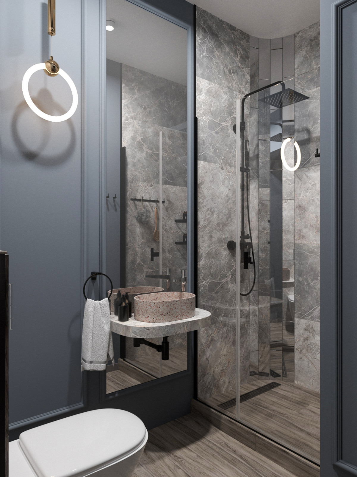 Просторная квартира в синими стенами