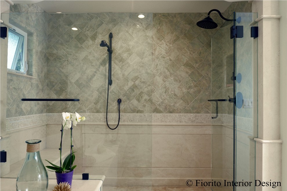 Mid-sized elegant master beige tile and mosaic tile ceramic tile drop-in bathtub photo in San Francisco with an undermount sink, shaker cabinets, light wood cabinets, marble countertops and green walls