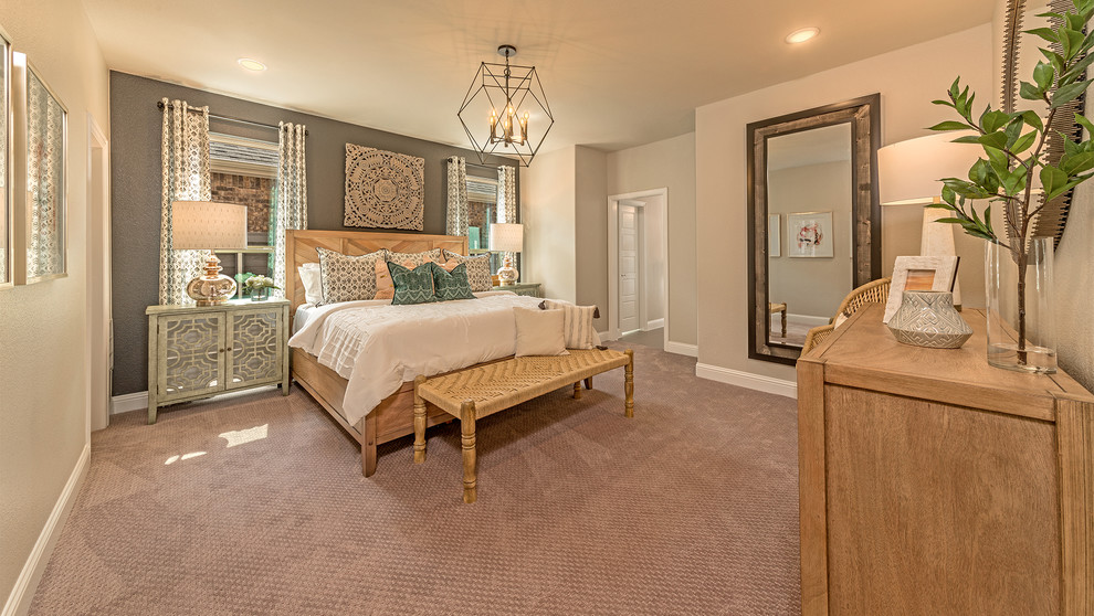 Photo of a mid-sized eclectic master bedroom in Dallas with grey walls, carpet, no fireplace and grey floor.