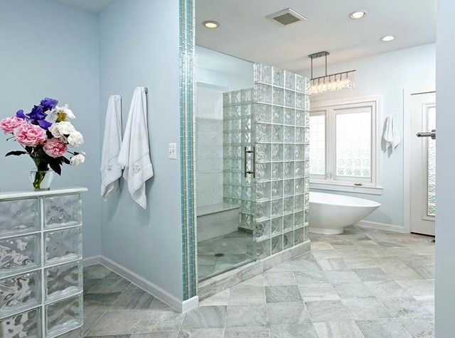 glass block walls & windows highlight modern bath remodel - modern