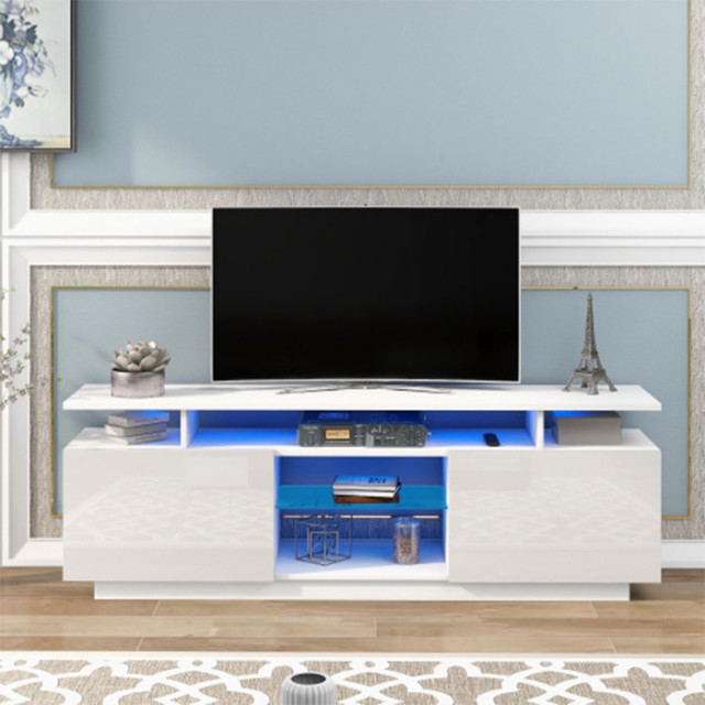 Modern TV Stand with LEDs White Particle Board TV Contemporary Entertainment Centers