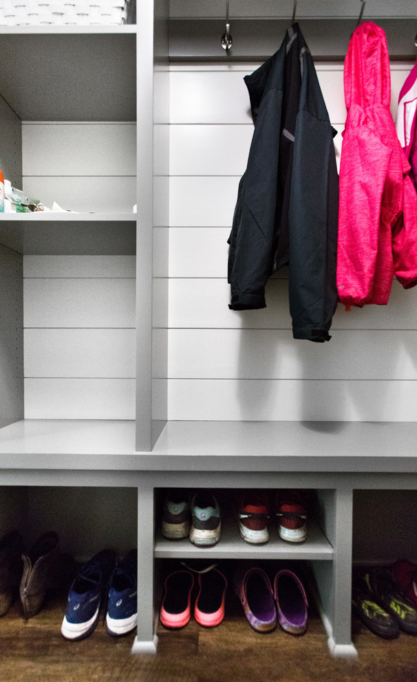 Mudroom - small transitional vinyl floor and brown floor mudroom idea in Minneapolis with gray walls