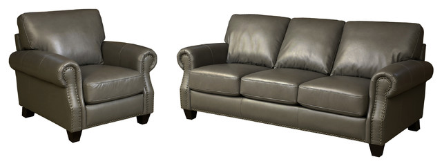 Landon 2 Piece Gray Leather Sofa And, Grey Leather Sofa And Armchair