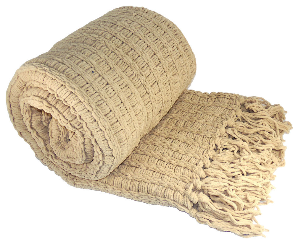 Space Yarn Knitted Throw, Light Camel, 50" X 60"