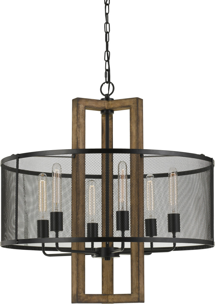 Monza Wood Chandelier With Mesh Shade, Natural/Black, 6-Light