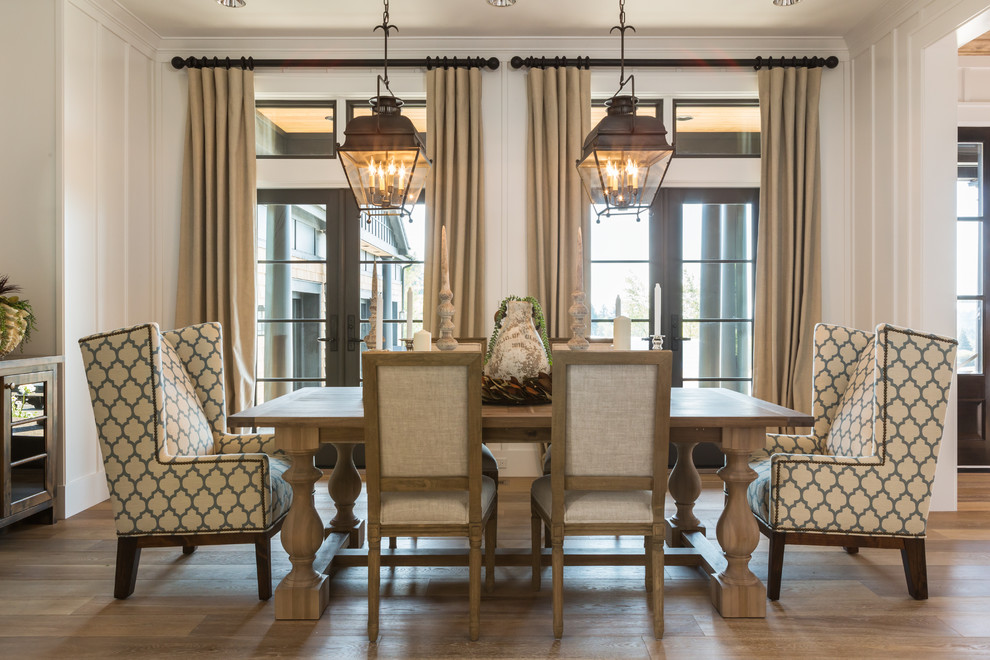 This is an example of a transitional dining room in Portland with white walls and medium hardwood floors.
