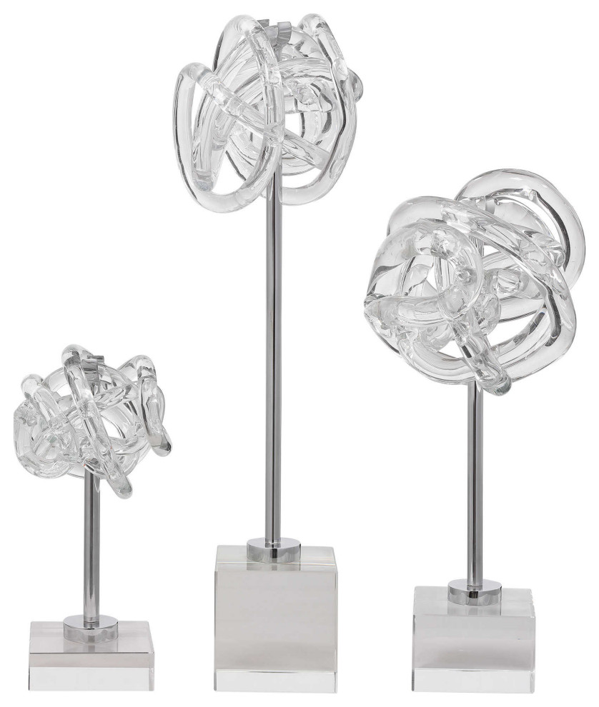Free Form Glass Knot Sculpture Finial Silver Crystal Twisted Clear, 3-Piece Set