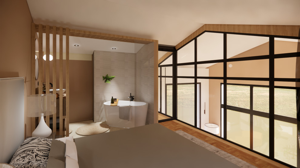 Bild på ett mellanstort funkis sovrum, med beige väggar, travertin golv och beiget golv