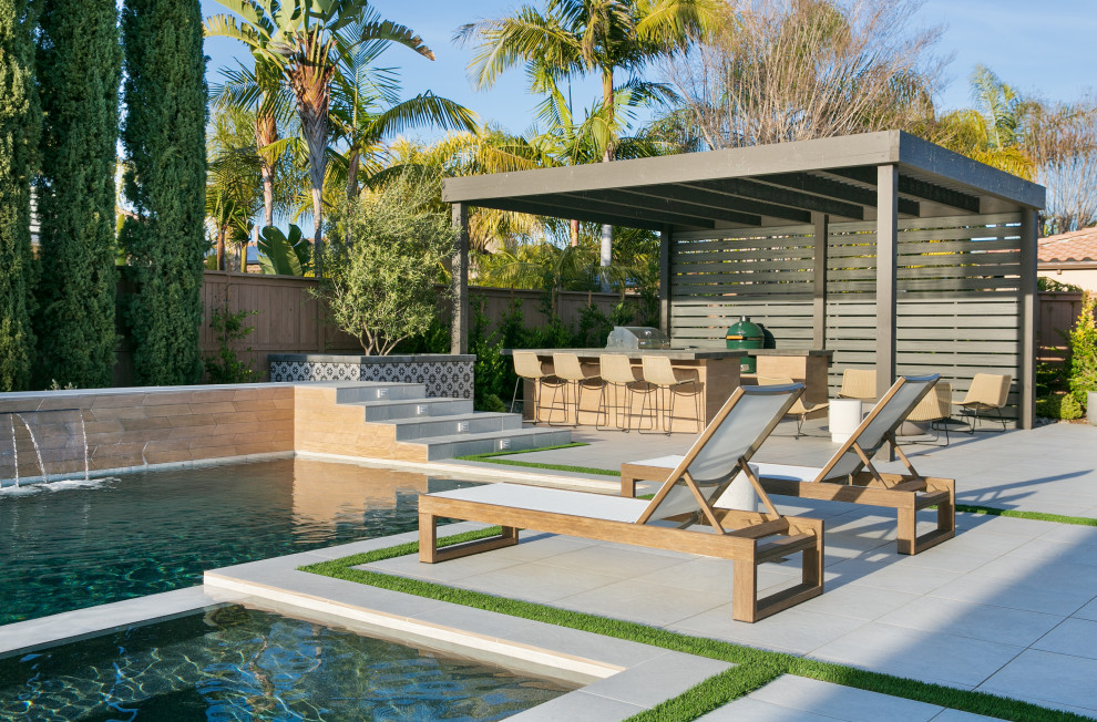 Photo of a large transitional backyard rectangular pool in San Diego with with a pool and tile.