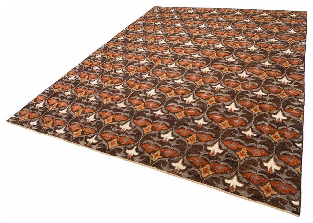 Traditional Oriental Wool Rug Without Border Orange and Chocolate 7.9x10.1