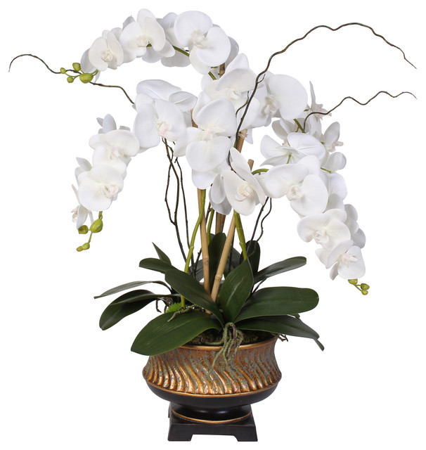 Real Touch Cream White Orchid Nestled In Gilded Vase