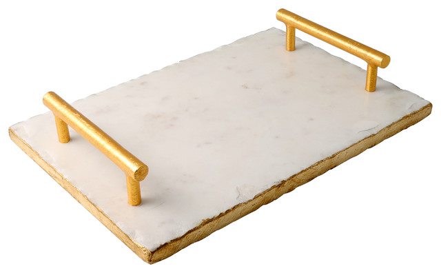 Marble Serving Tray, Gold, Bar Handles