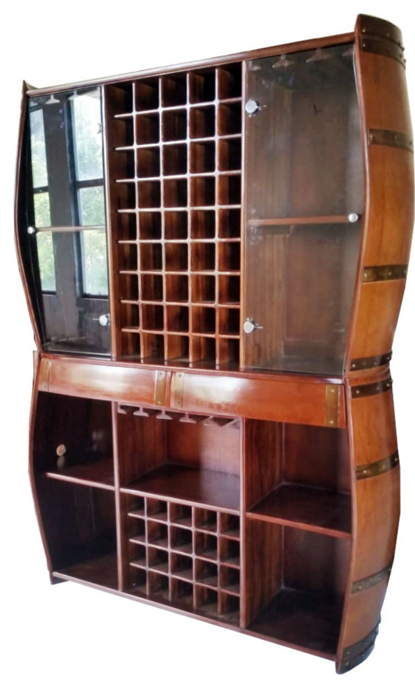Modular Oak Barrel Wine Hutch with Glass Doors Rustic Wine