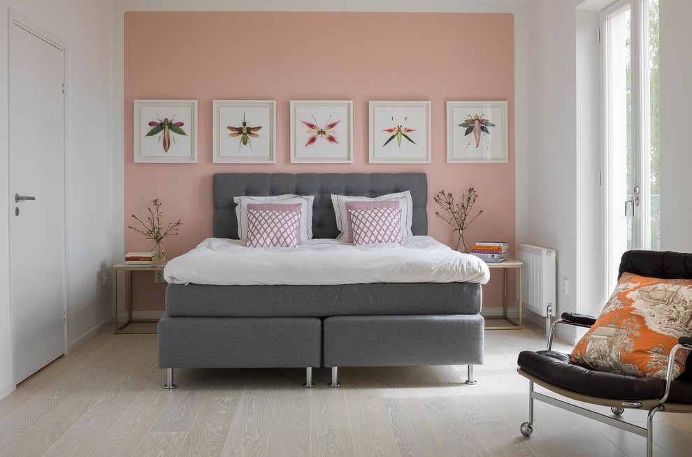 Design ideas for a mid-sized contemporary master bedroom in Other with pink walls, light hardwood floors and no fireplace.
