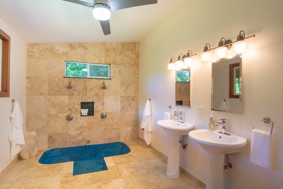 Large contemporary master bathroom in Hawaii with a japanese tub, a double shower, travertine, travertine floors and an open shower.