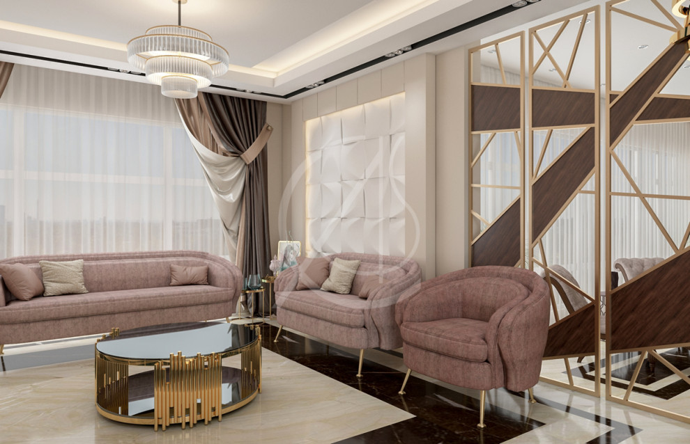 Inspiration for a large contemporary formal enclosed living room in London with brown walls, marble floors, no tv and beige floor.