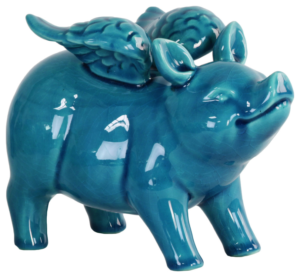 Ceramic Standing Winged Pig Figurine, Gloss Farmhouse Decorative